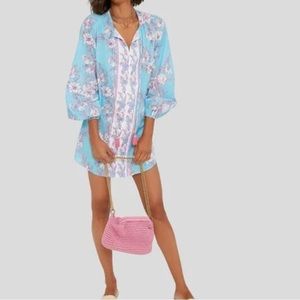 Celina Moon Multi Clover Long Blouson Sleeve Floral Tunic Mini Dress Sz XS